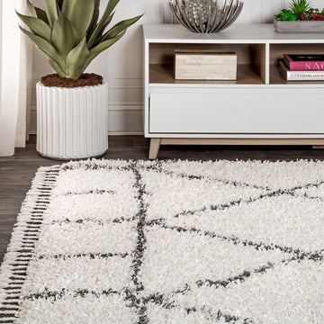 Mercer Shag Plush Tassel Moroccan Geometric Trellis Area Rug
